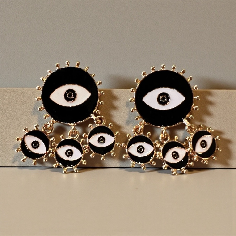 Chic Black and Gold Toned Evil Eye Dangling Earrings - Picture 13 of 17